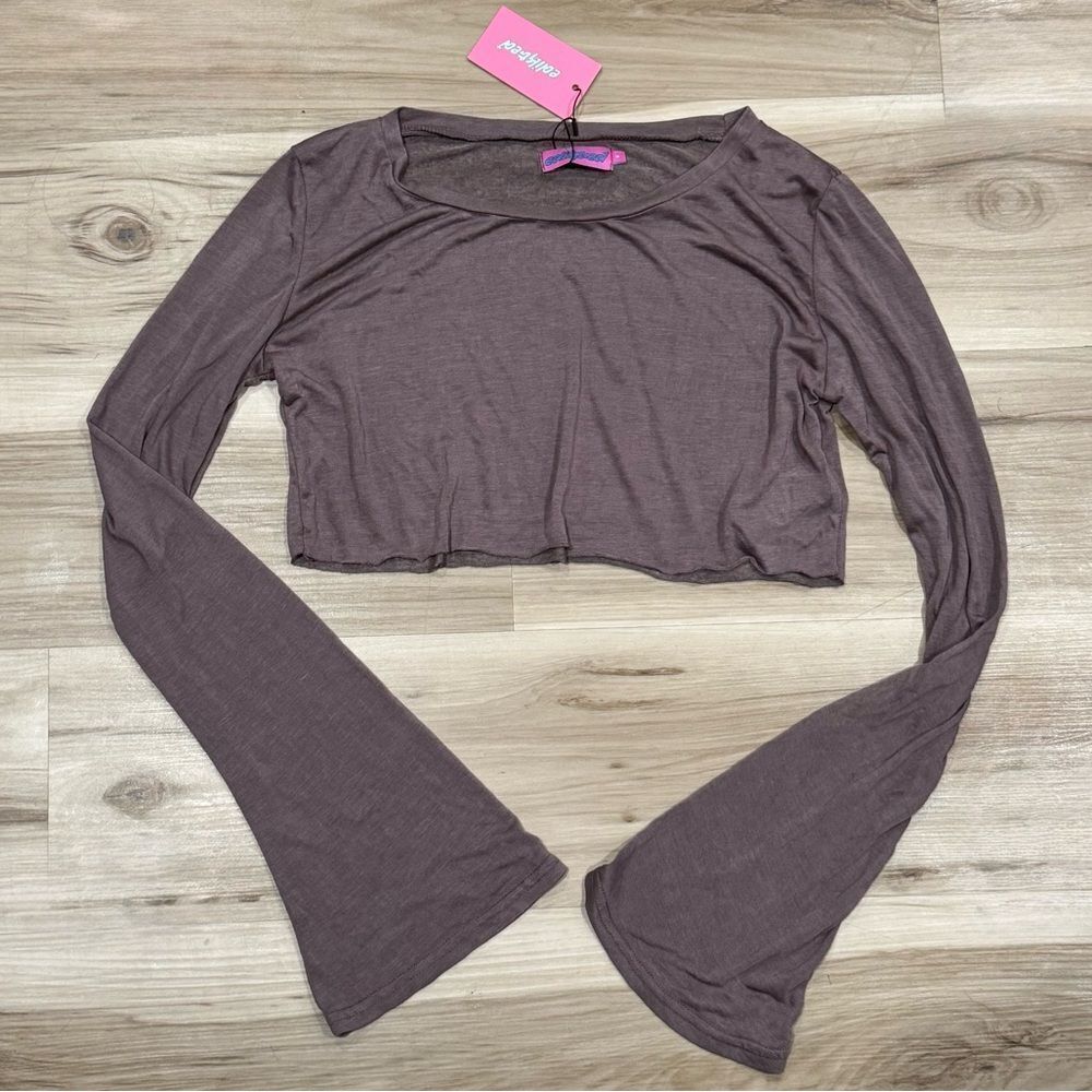 NEW Edikted Sheer Raw Hem Long Sleeve Crop Top Brown Women’s Small - Picture 2 of 4